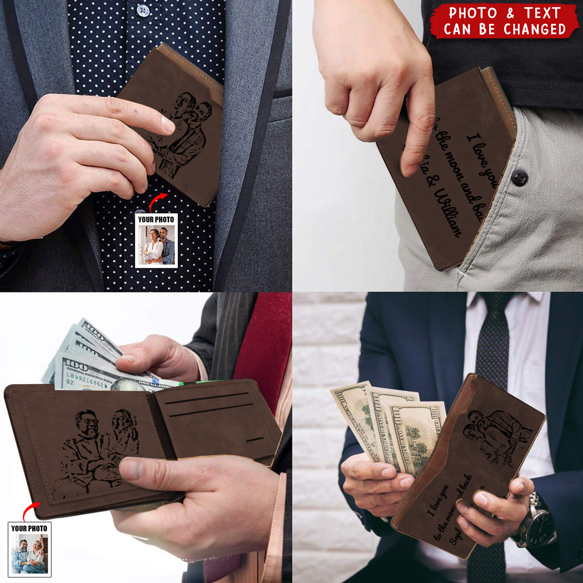 Personalized Engraved Photo Leather Short Wallet For Men Father's Day Gift