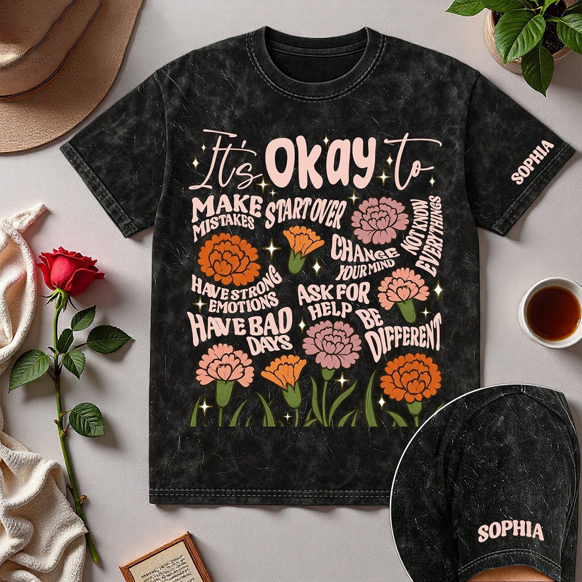 Personalized "It's Okay To" Acid Wash T-Shirt With Name & Flower Empowering Vintage Style For Own & Gifts