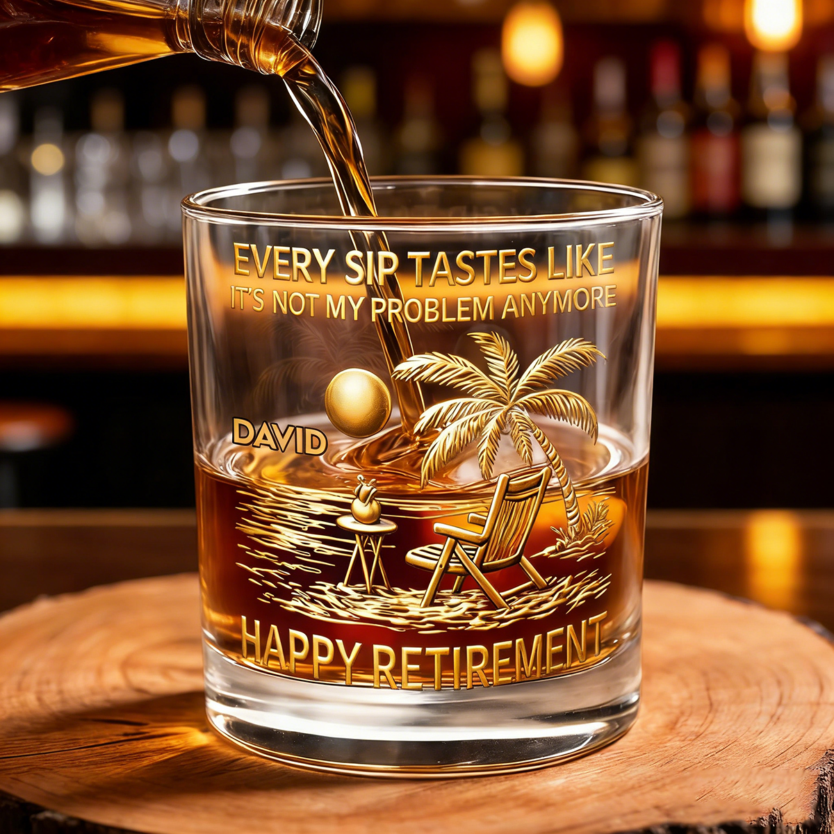 Personalized "Every Sip Tastes Like Happy Retirement"  Whiskey Glass With Name | Palm Trees Beach Chair Sun | Funny Gift For Dad Grandpa Coworkers