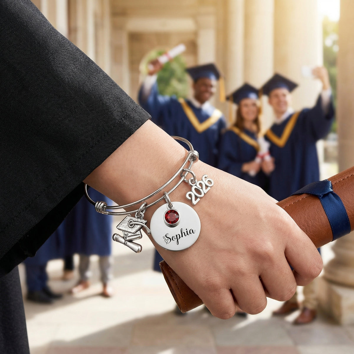 Personalized Graduation Bracelet - Stainless Steel Bangle With Birthstone and Year charm Gift For Her