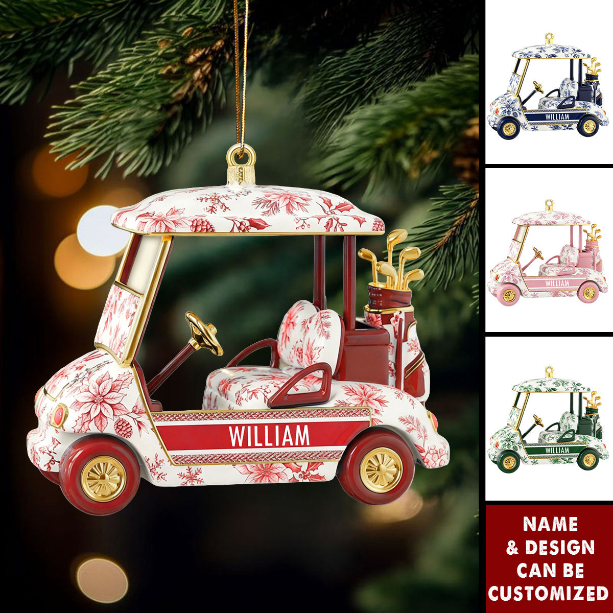 Personalized Floral Golf Cart Acrylic 3D Effect Ornament With Name - Christmas Decor Birthday Gift For Golfers