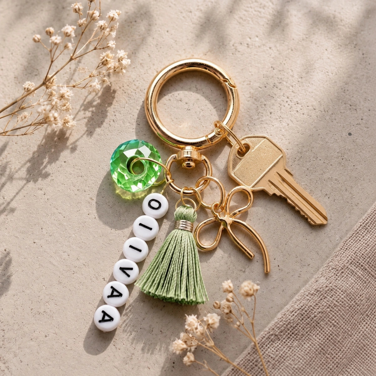Personalized Name Keychain With Tassel & Gold-Tone Bow Charm