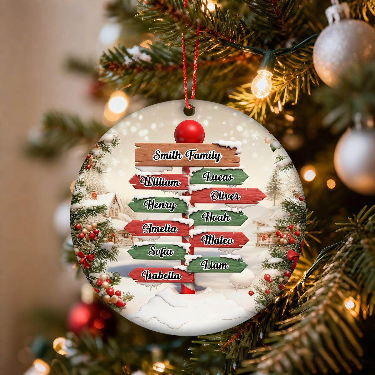Personalized North Pole Signpost Family Christmas Ceramic Ornament With 1-12 Member Names | Unique Gift For Big Family