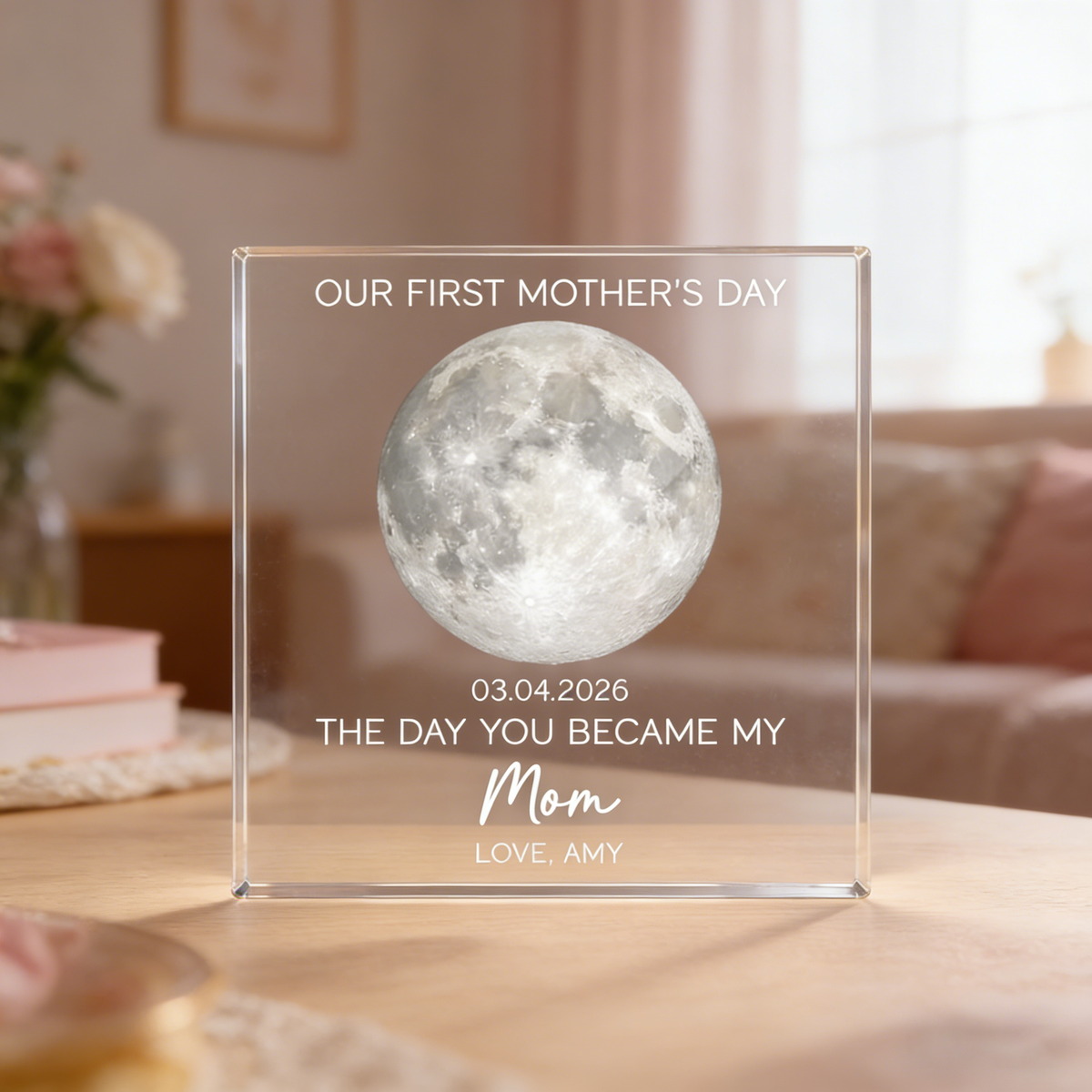 Personalized Moon Phase Acrylic Block Plaque With "The Day You Became My Mom" - Mother's Day Gift For Her