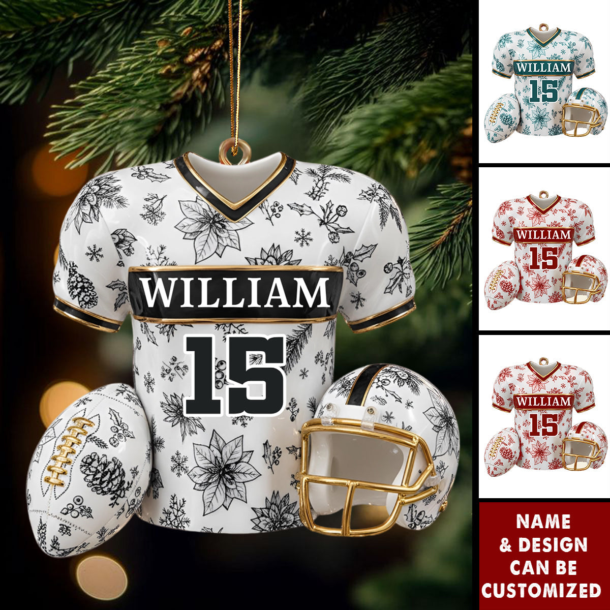 Personalized Toile-Style Football Jersey & Helmet Ornament With Name & Number - Christmas Decor Birthday Gift For Football Players & Fan