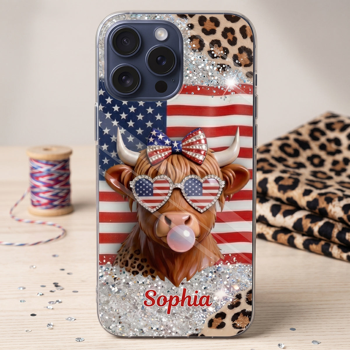 Personalized Highland Cow Phone Case Glitter Leopard | 250th US Anniversary Holiday Gift