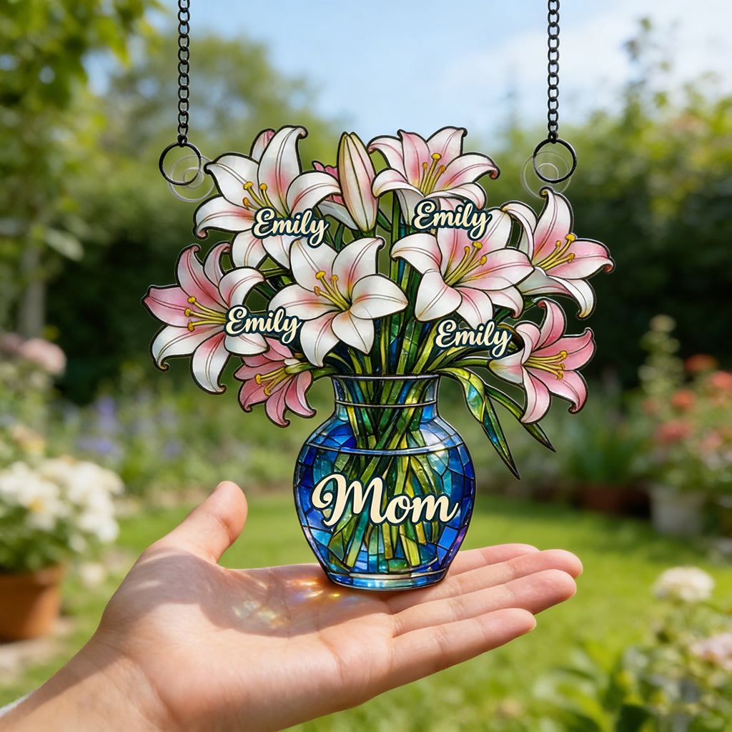 Personalized Birth Flower Window Suncatcher With Family Names & Floral Art - Mother's Day Gift For Mom