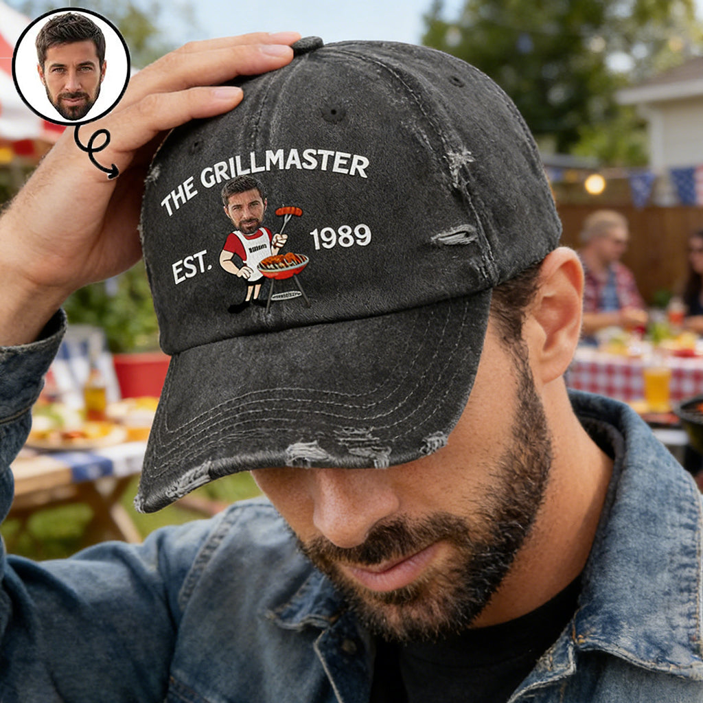 Personalized BBQ Vintage Distressed Cap With Face & Name - Father's Day Gift For Dad & Husband