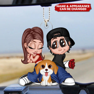 Personalized Y2K Aesthetic Couple Dogs Cats Car Ornament With Names & Appearance | Valentine's Day Gift For Couple Dog & Cat Lovers