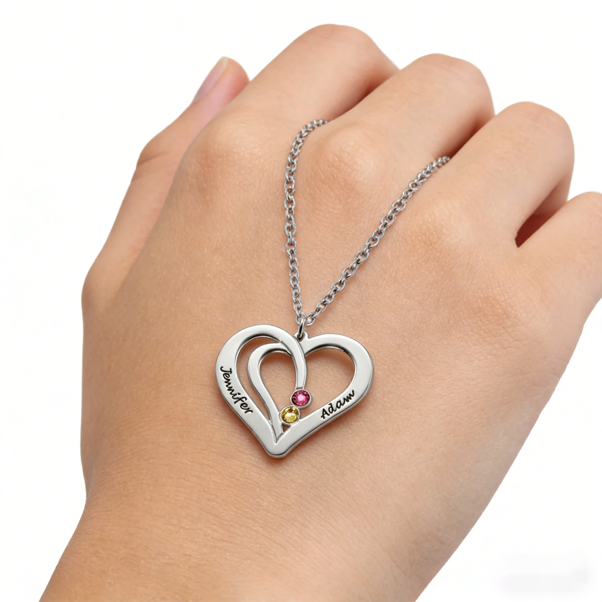 Personalized Dual Birthstones Couples Heart Jewelry Necklace With Engraved Names - Valentine's Day Anniversary Gift For Girlfriend
