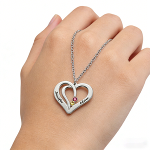 Personalized Dual Birthstones Couples Heart Jewelry Necklace With Engraved Names - Valentine's Day Anniversary Gift For Girlfriend