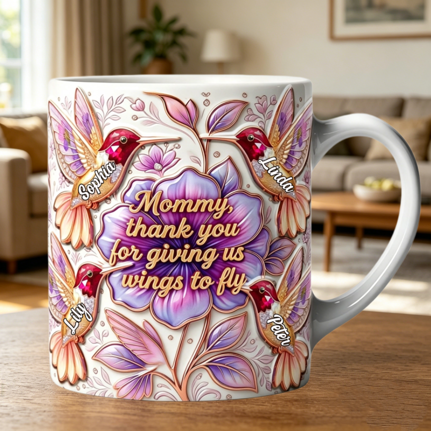 Personalized Hummingbird Coffee Mug With 1-5 Kid Names | Mother’s Day Gift For Mom & Grandma