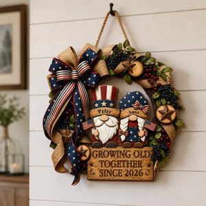 Personalized Growing Old Together Patriotic Gnomes Wreath Wood Sign - American Flag Door Decor