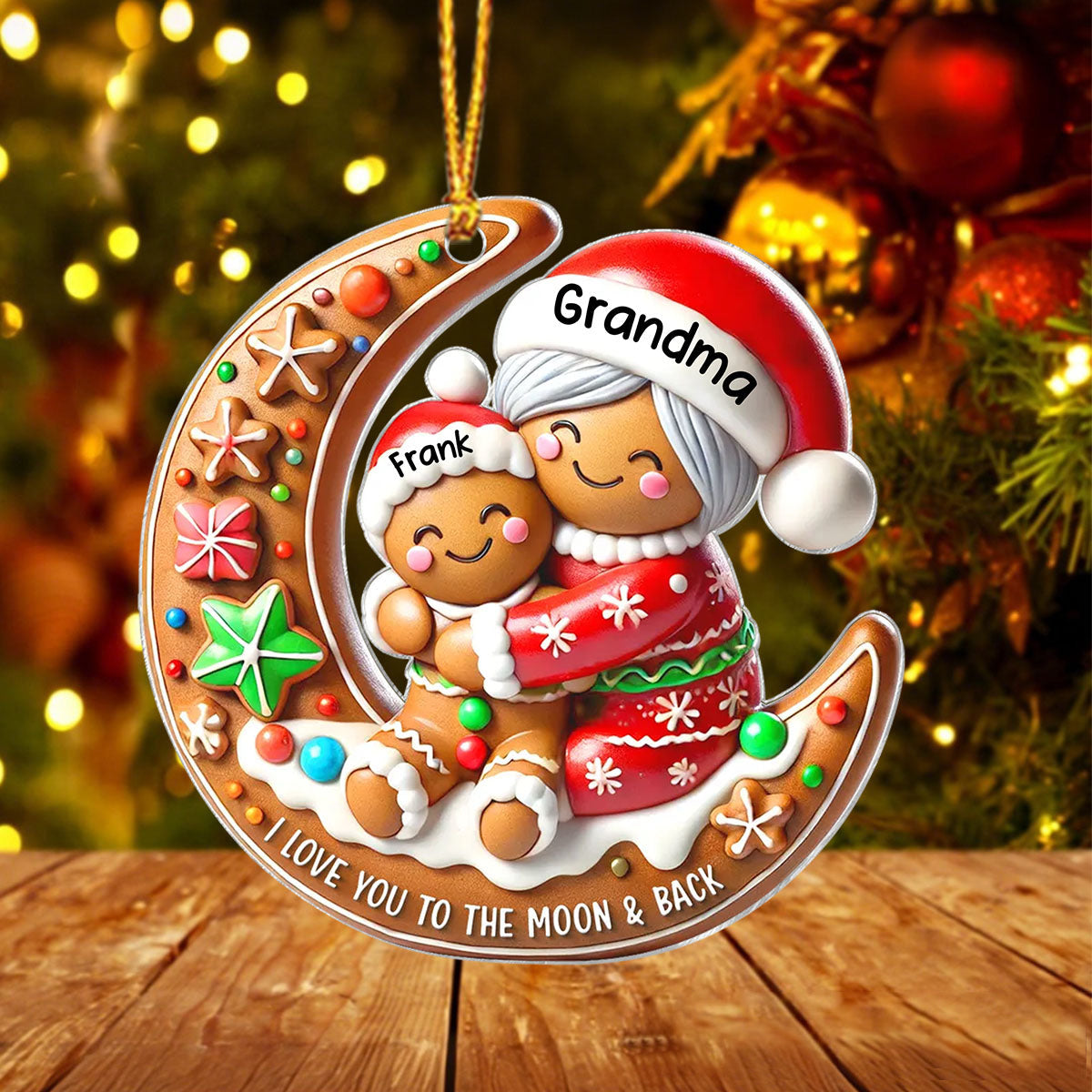 Personalized 3D Effect Gingerbread Grandma Hugging Grandkids On Moon Christmas Ornament With Names,Making Testament To Family Love