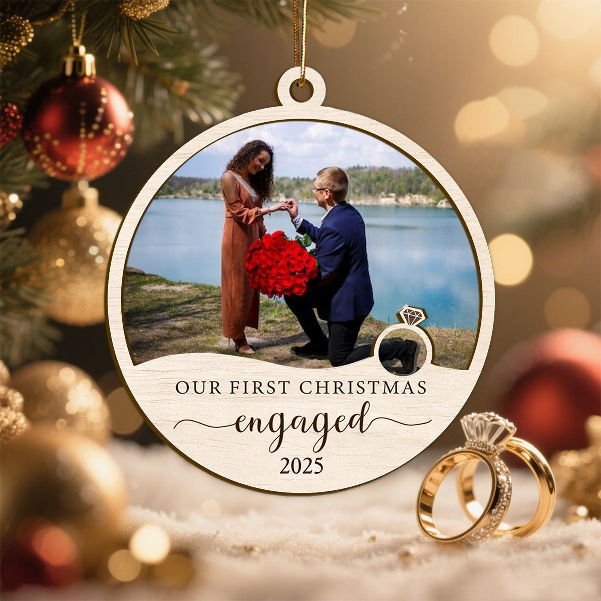 Personalized Our First Christmas Engaged Photo Wooden Ornament Romantic Anniversary Christmas Gift For Couple Newlyweds