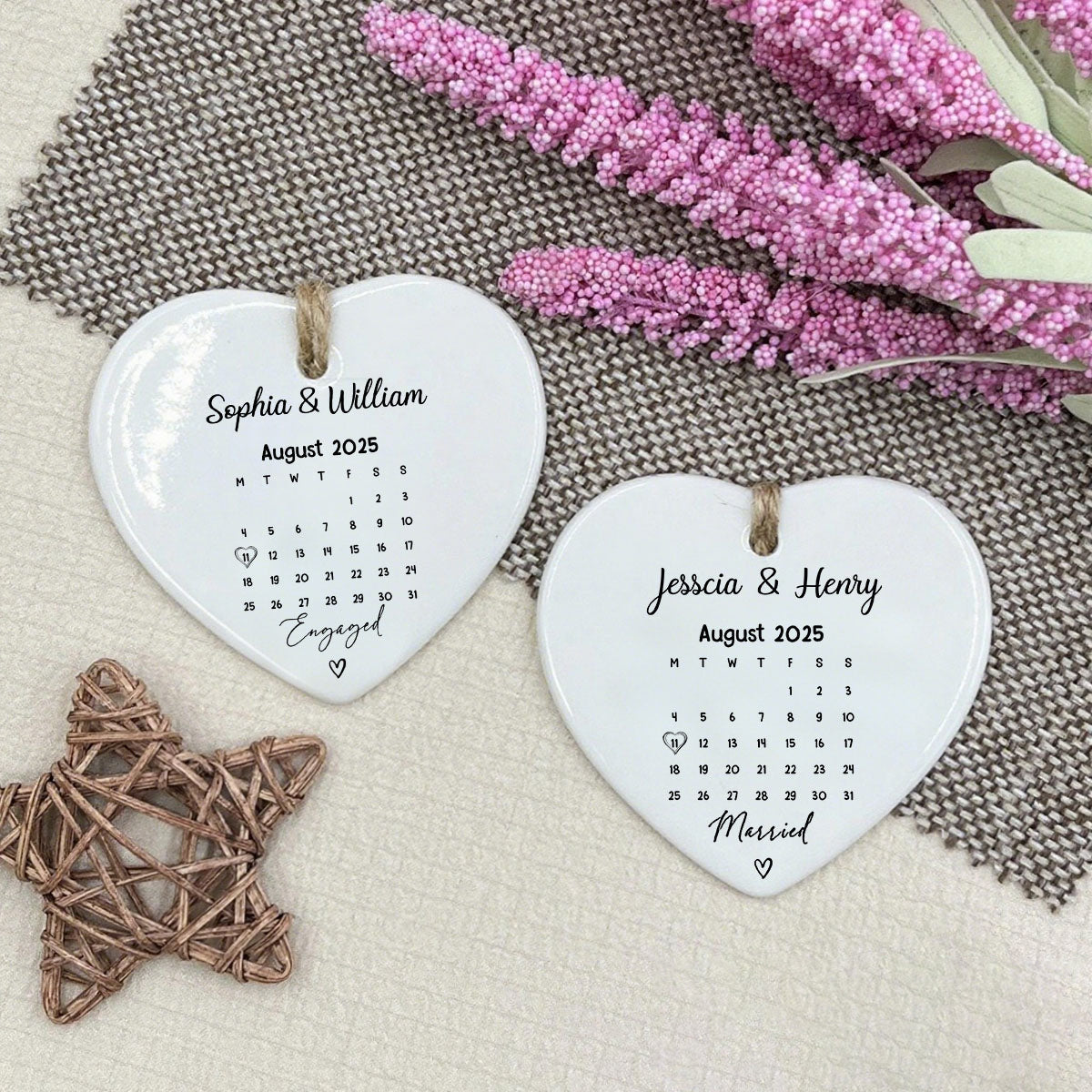 Custom Engraved Heart Ornament - Personalized with Names & Date - Bridal Shower Gift For Engaged Couples & Newlyweds