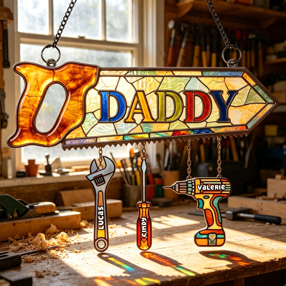 Personalized Daddy's Tool Kid Suncatcher Ornament With 1-6 Names & Design - Unique Father's Day Gift