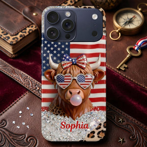 Personalized Highland Cow Phone Case Glitter Leopard | 250th US Anniversary Holiday Gift