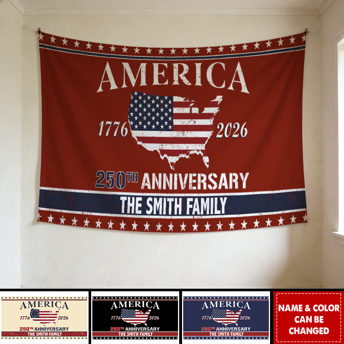 Personalized Patriotic America 250th Anniversary House Flag With Family Name & Color- Vintage Patriotic Gift For Families