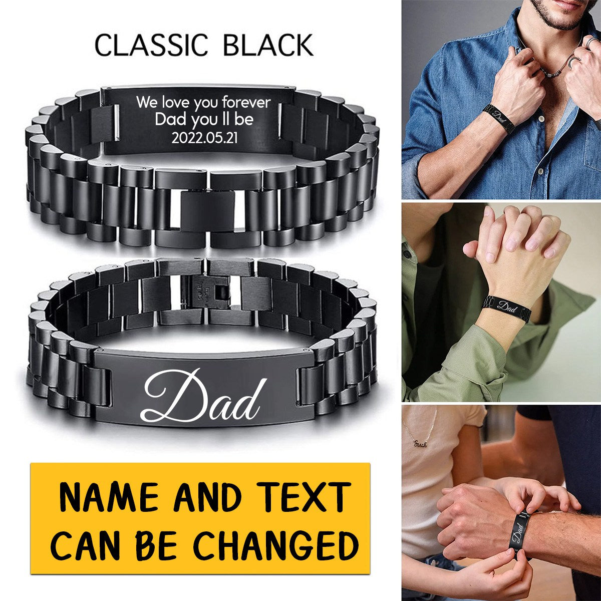 Masculine Watch Band Stainless Steel Link Bracelet Personalized Engraved DAD Gift for Men DAD Father - Personalized Bracelet