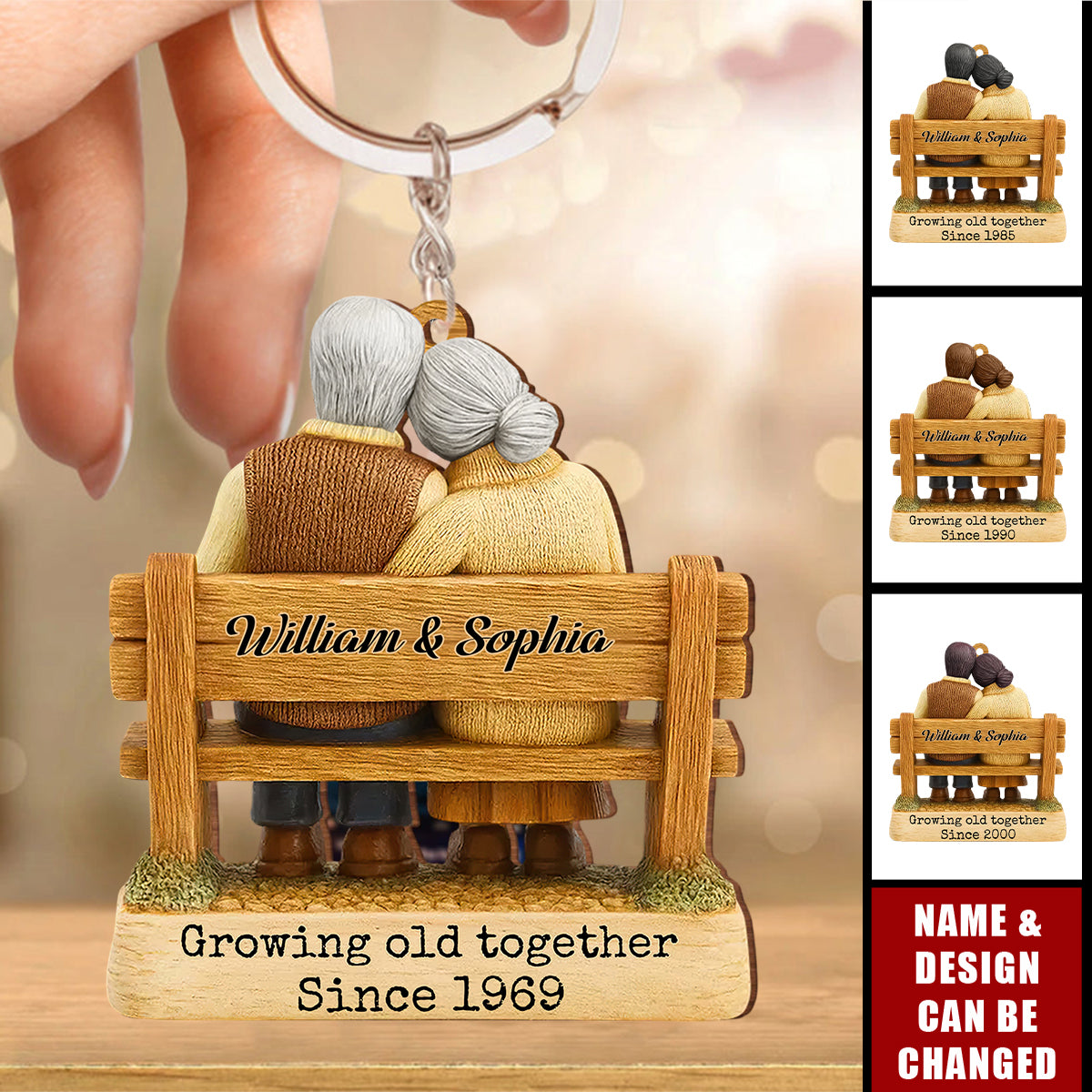 Personalized Couple On Bench Wooden Keyring With "Growing Old Together" & Nmae & Icons - Anniversary Valentine's Day Gift For Couples