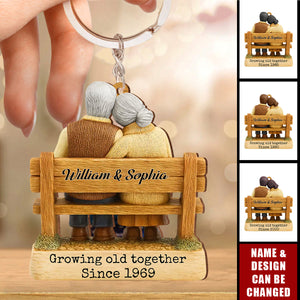 Personalized Couple On Bench Wooden Keyring With "Growing Old Together" & Nmae & Icons - Anniversary Valentine's Day Gift For Couples