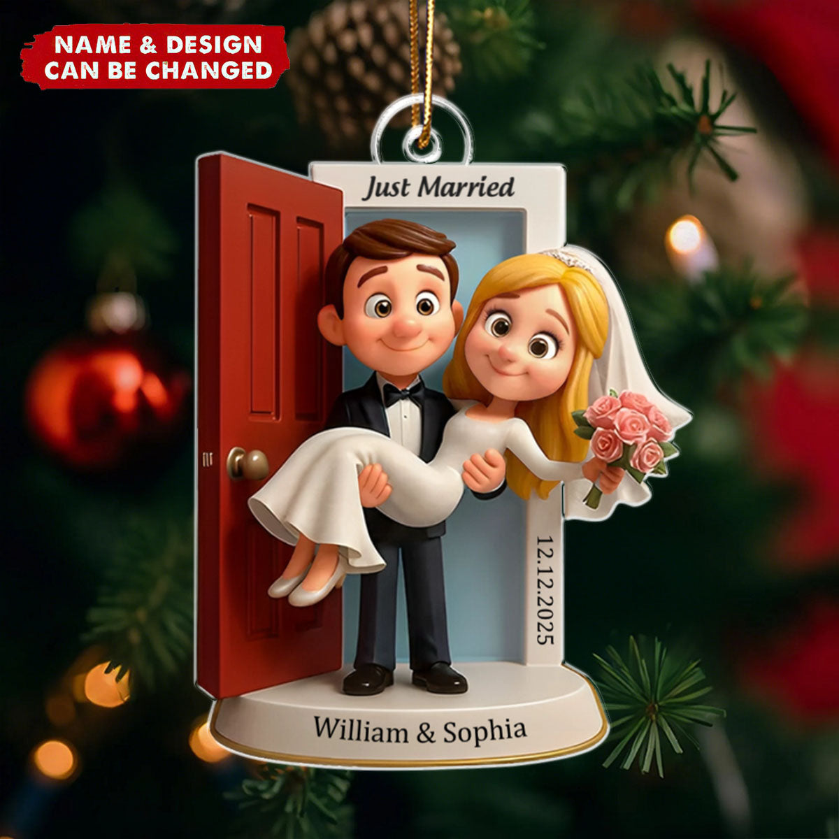 Personalized Wedding Couple Threshold Ornament With Design Names And Date,Romantic "Our First Christmas Married" Gift For Newlyweds