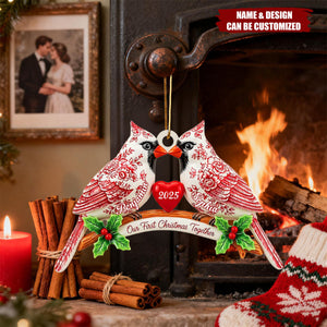 Personalized Toile De Jouy Love Bird Acrylic Ornament With Names & Year - Christmas | Engagement | Anniversary Gift For Couple