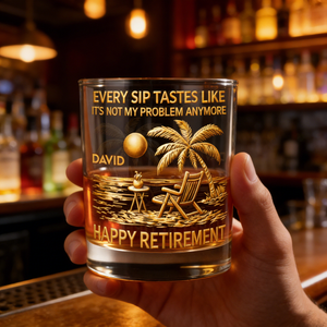 Personalized "Every Sip Tastes Like Happy Retirement"  Whiskey Glass With Name | Palm Trees Beach Chair Sun | Funny Gift For Dad Grandpa Coworkers