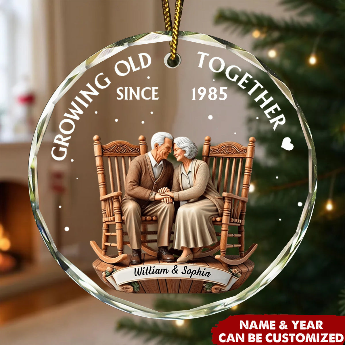 Personalized "Growing Old Together" Ornament With Names & Year Glass Keepsake Romantic Anniversary Christmas Gift For Couple Grandparents