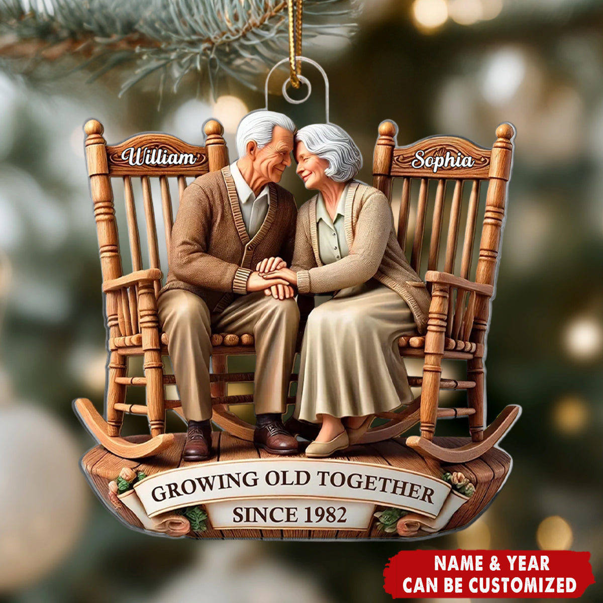 Personalized Rocking Chair Couple Ornament With Name Year & "Growing Old Together" Design | Unique Christmas Gift For Couple Grandparents