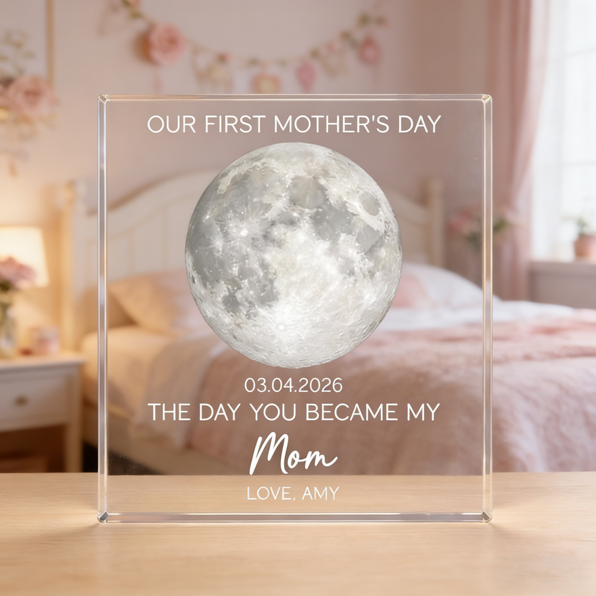 Personalized Moon Phase Acrylic Block Plaque With "The Day You Became My Mom" - Mother's Day Gift For Her