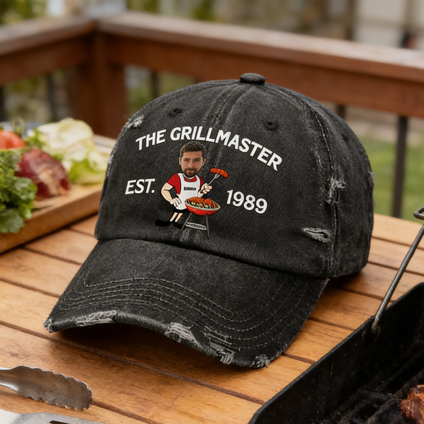 Personalized BBQ Vintage Distressed Cap With Face & Name - Father's Day Gift For Dad & Husband