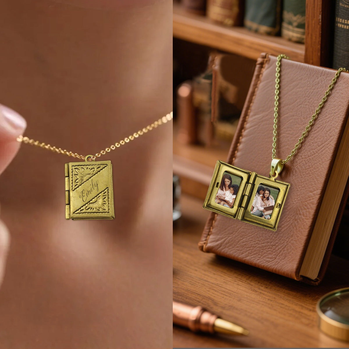 Personalized Book Locket Message Necklace With Name & Photos Wear Love and Memories Around For Daughter
