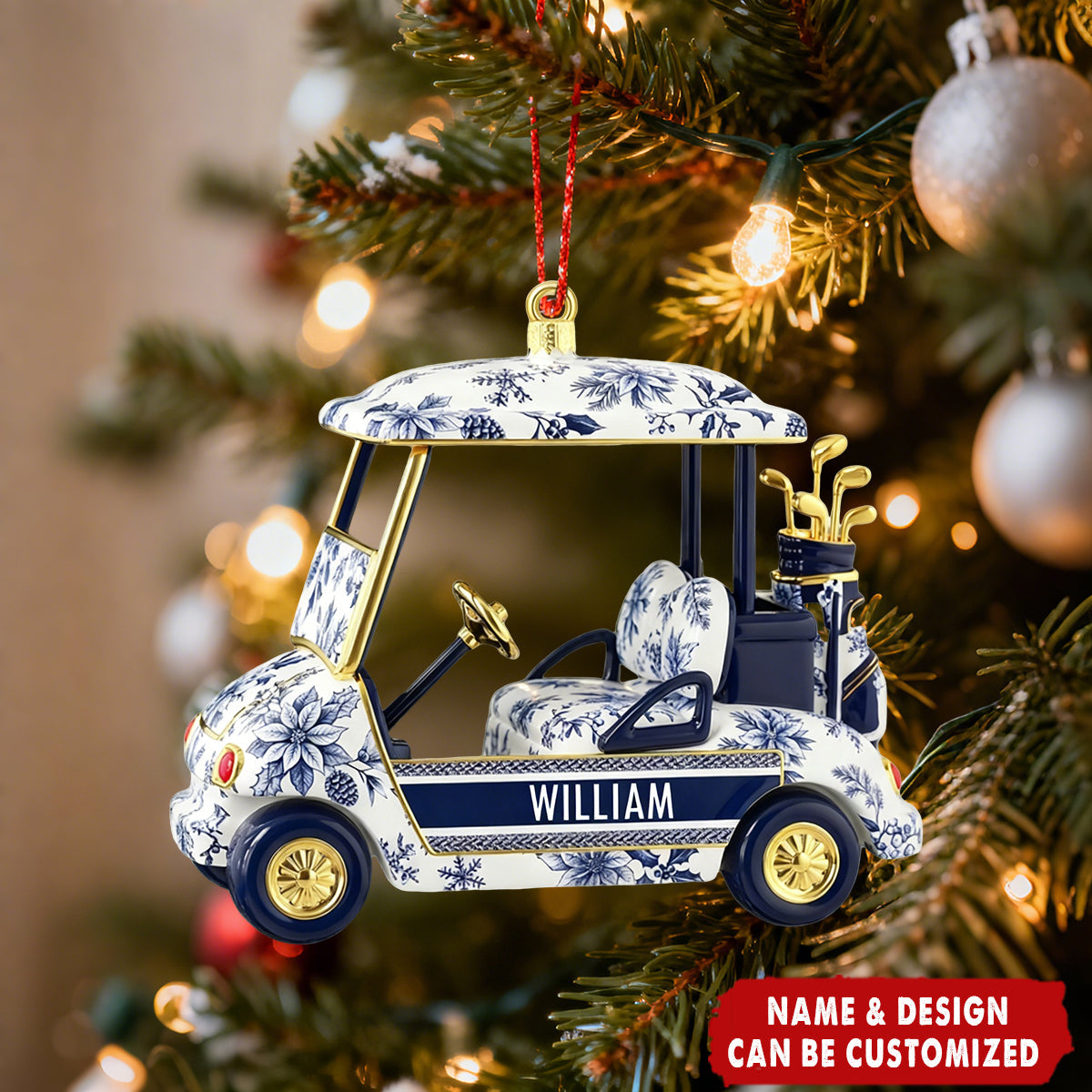 Personalized Floral Golf Cart Acrylic 3D Effect Ornament With Name - Christmas Decor Birthday Gift For Golfers