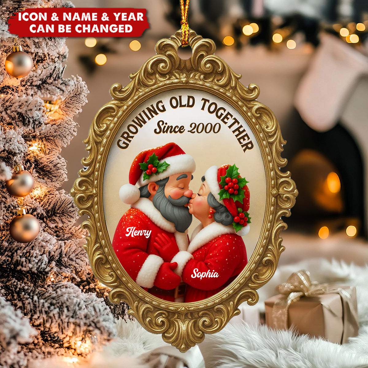 Personalized Vintage Mr. & Mrs. Claus Frame Ornament With Names Design & Year "Growing Old Together Since" Christmas Decoration For Couples