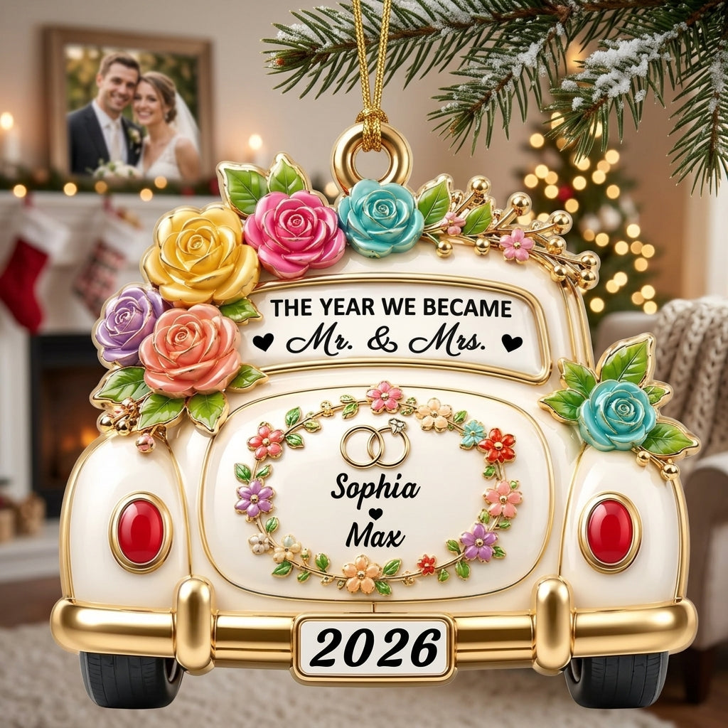Personalized Newlywed Name Acrylic Ornament With Wedding Car Floral & Rose Ring For Couple Gift