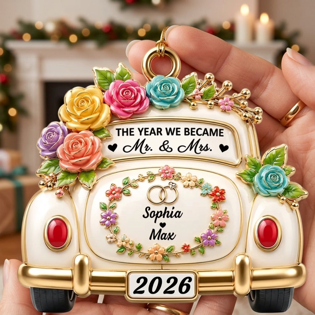 Personalized Newlywed Name Acrylic Ornament With Wedding Car Floral & Rose Ring For Couple Gift