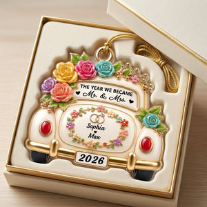 Personalized Newlywed Name Acrylic Ornament With Wedding Car Floral & Rose Ring For Couple Gift