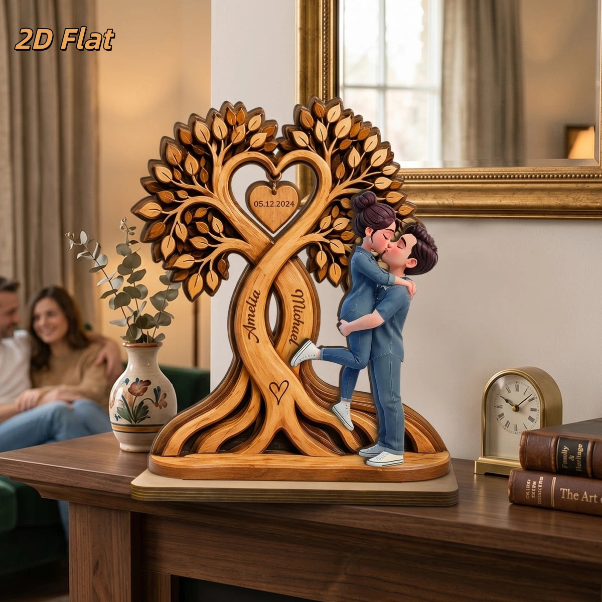 Custom Name & Date Wooden Plaque Heart Tree - Wedding Anniversary Gift for Couples