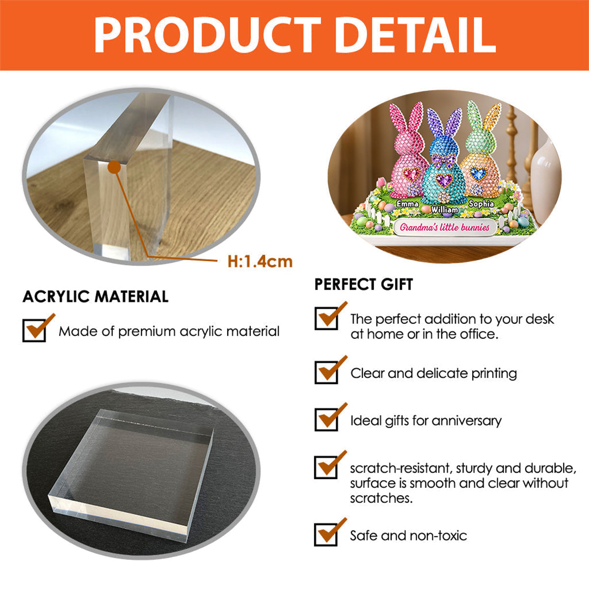 Personalized Acrylic Block Plaque With1-6 Bunnies & Names | Whimsical "Grandma's Little Bunnies" Easter Keepsake For Nana & Mimi