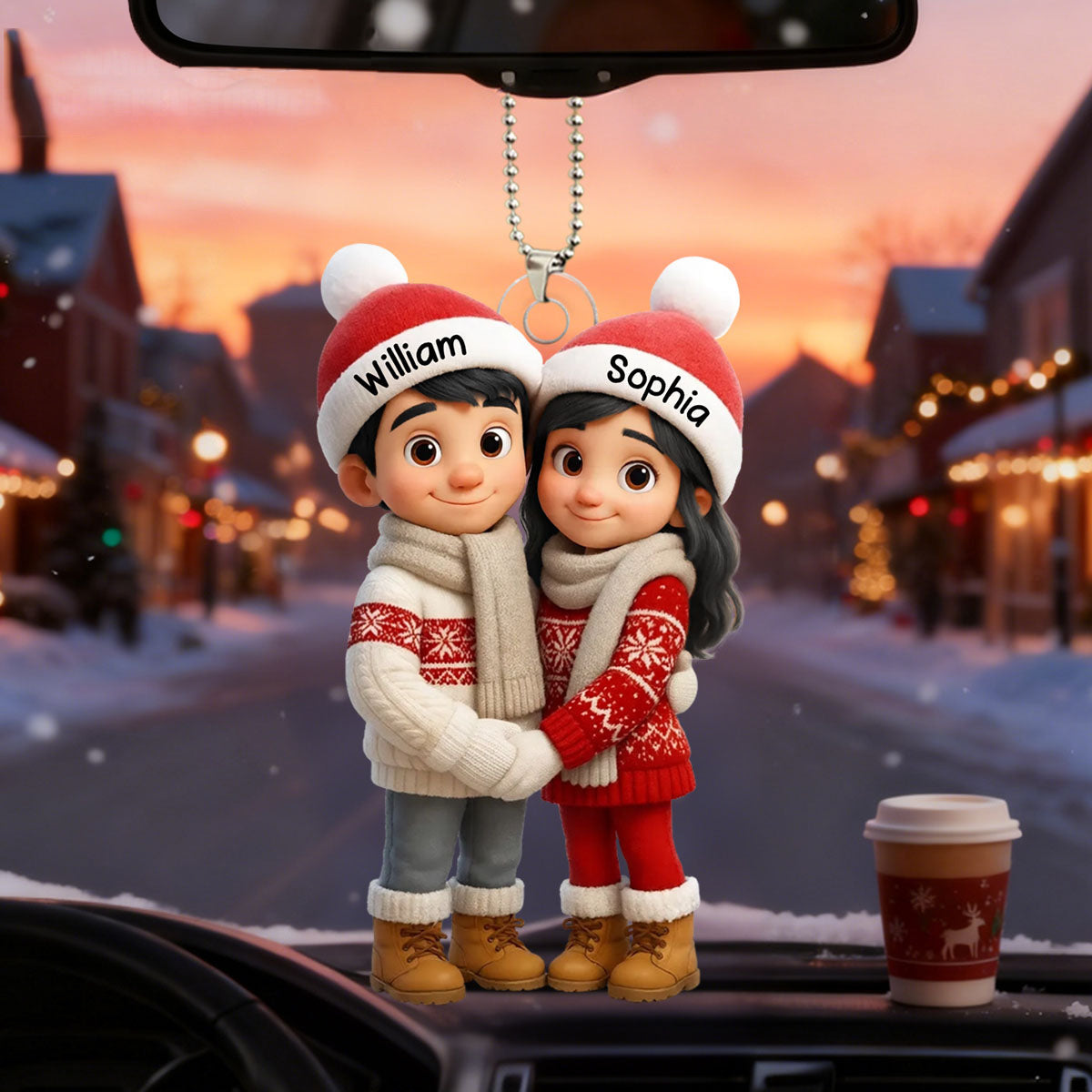 Personalized Cute Cartoon Couple Hug Car Ornament With Names & Winter Clothes Design - Heartfelt Car Christmas Gift For Couple