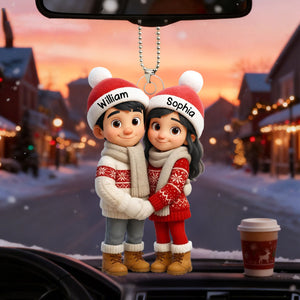 Personalized Cute Cartoon Couple Hug Car Ornament With Names & Winter Clothes Design - Heartfelt Car Christmas Gift For Couple