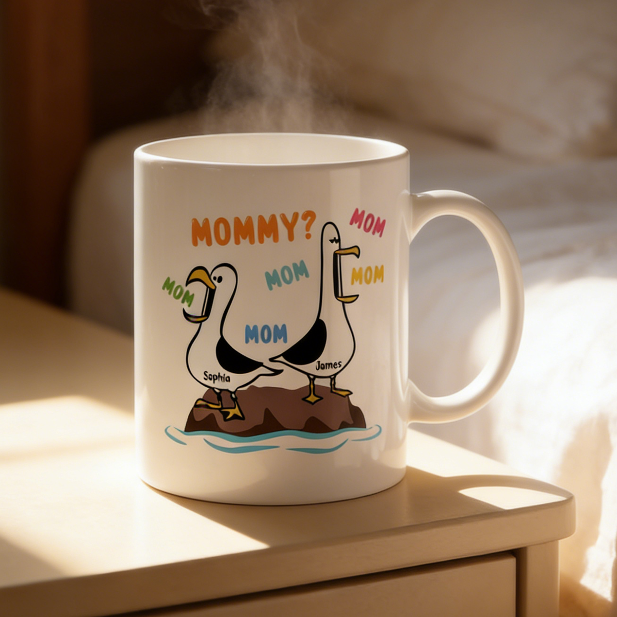 Customized Humorous Seagull Ceramic Mug With Child Names - Mother's Day Gift For Mommy & Grandma