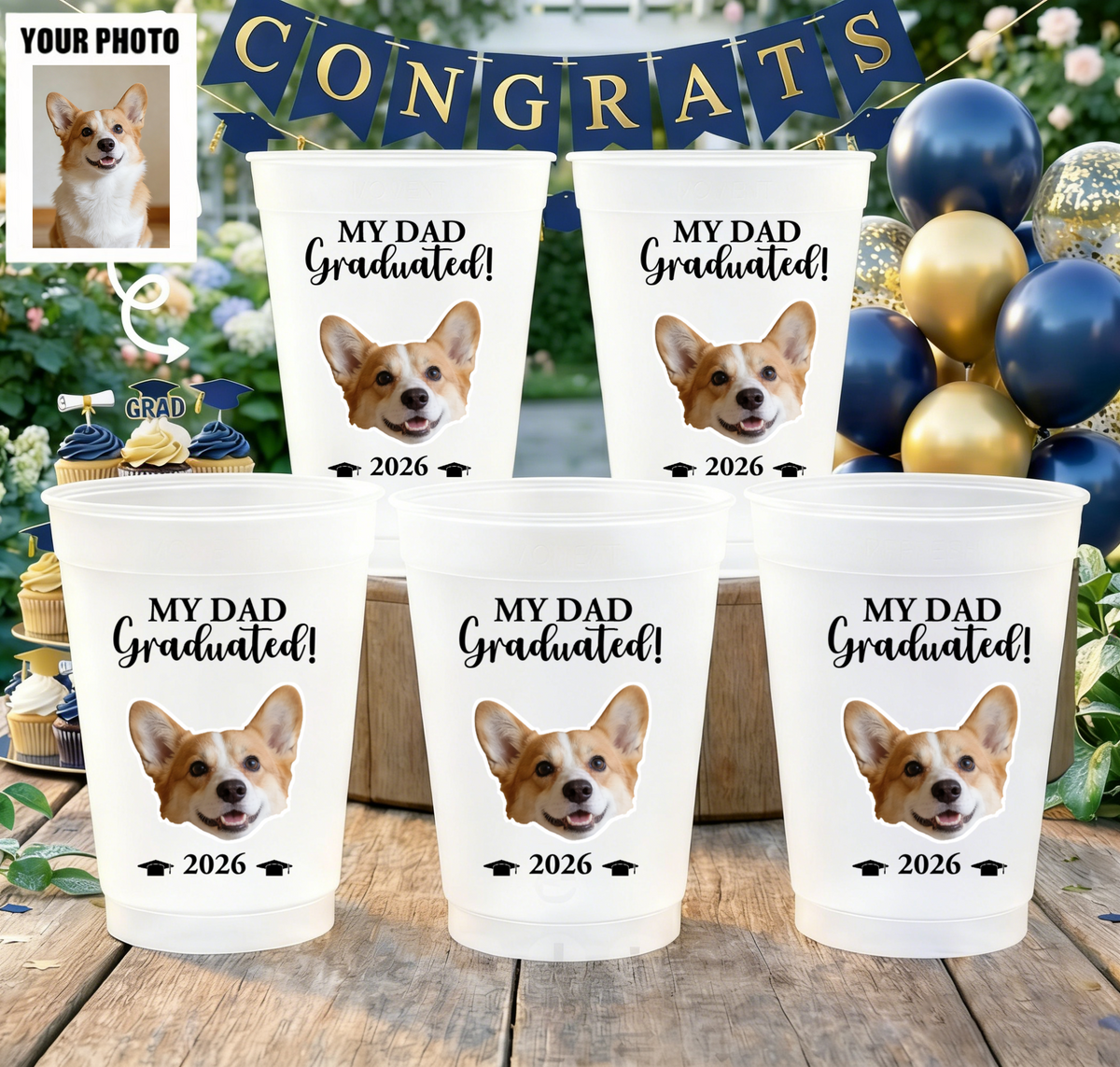 Graduation Party Cup For Pet Lovers - Personalized Pet Portrait Party Cup With Photo & Year