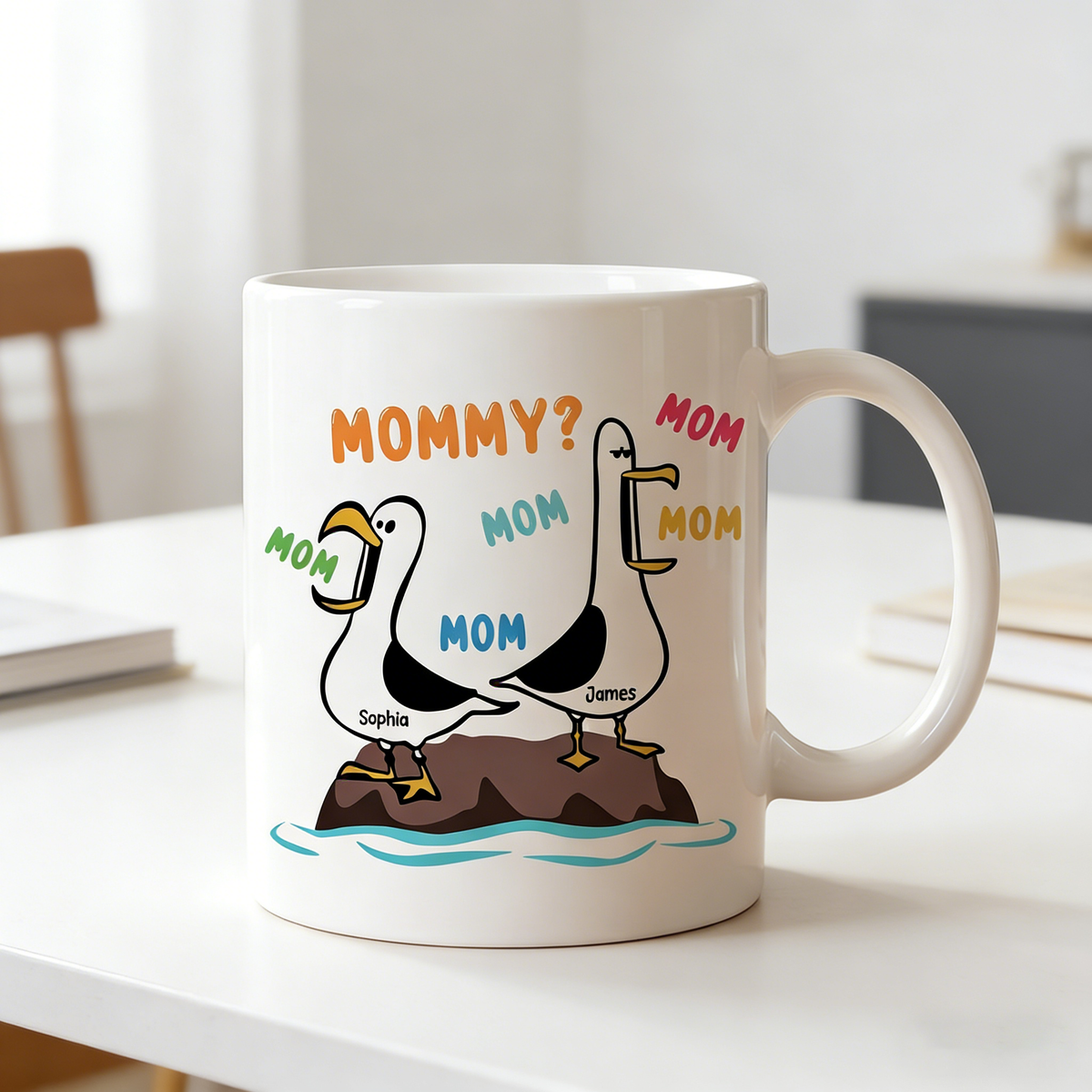 Customized Humorous Seagull Ceramic Mug With Child Names - Mother's Day Gift For Mommy & Grandma