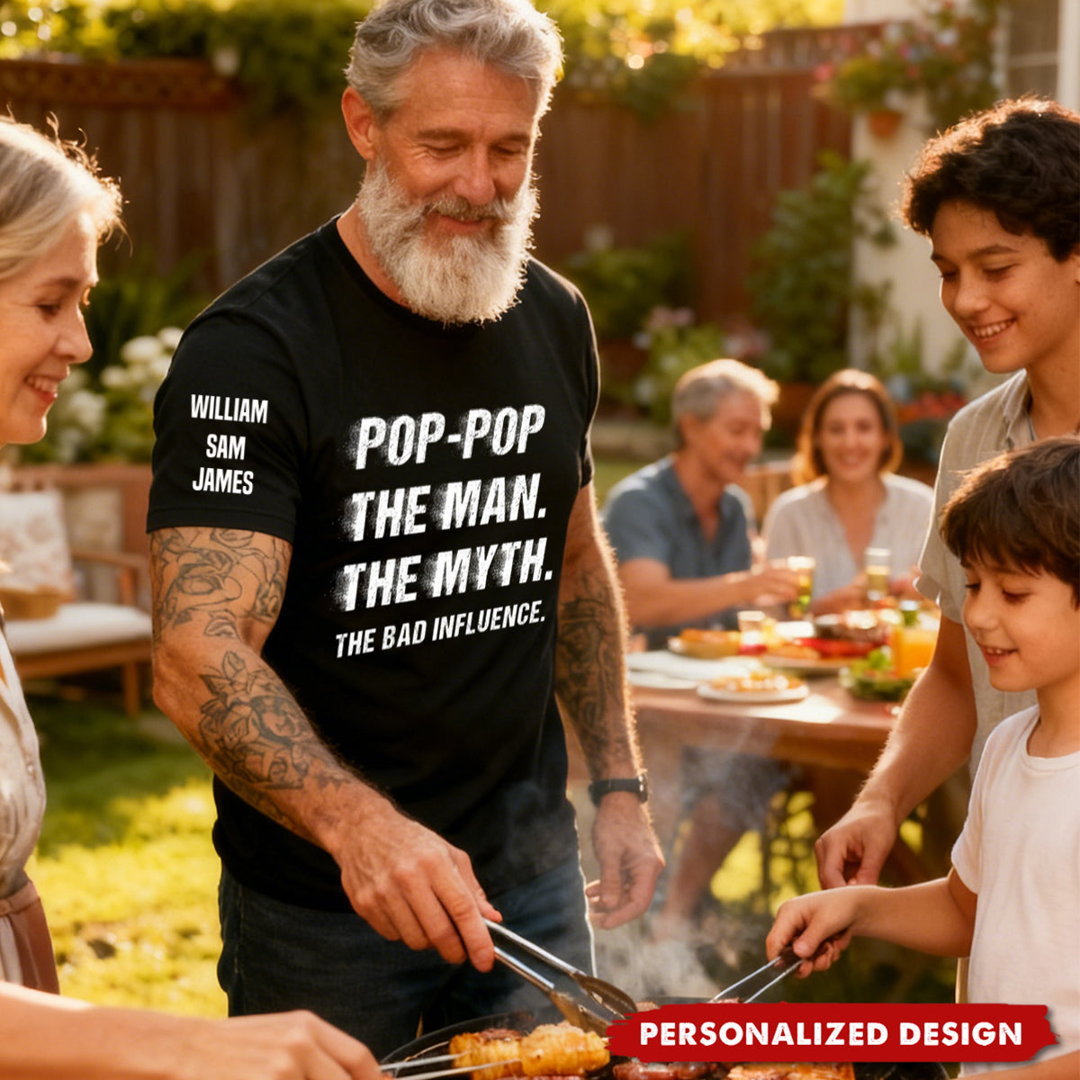 Personalized The Man The Myth The Bad Influence Crewneck Tee Shirt With Name - Humorous Birthday Gift For Grandfather Dad And Uncle