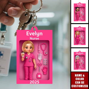 Personalized 3D Effect Nurse Doll Box Acrylic Keyring With Name & Year & Icons - Thank You Gift Birthday For Healthcare Worker & Nurse