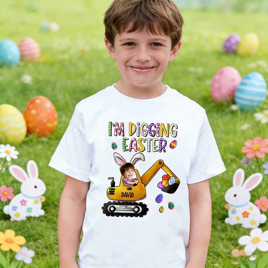 Personalized "I'm Digging Easter" Excavator T-Shirt With Name & Photo - Easter Egg Gift For Kids