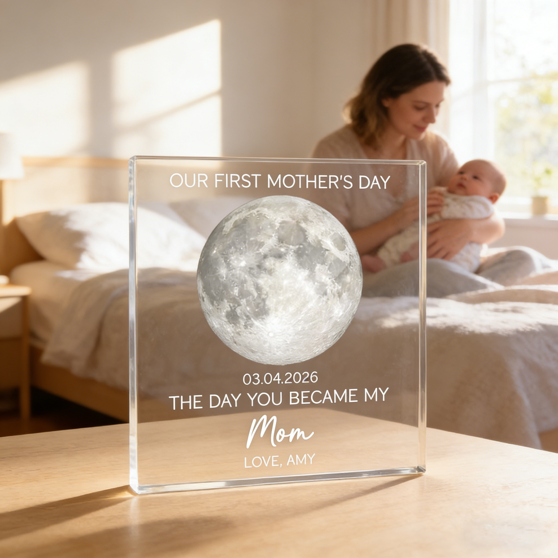 Personalized Moon Phase Acrylic Block Plaque With "The Day You Became My Mom" - Mother's Day Gift For Her